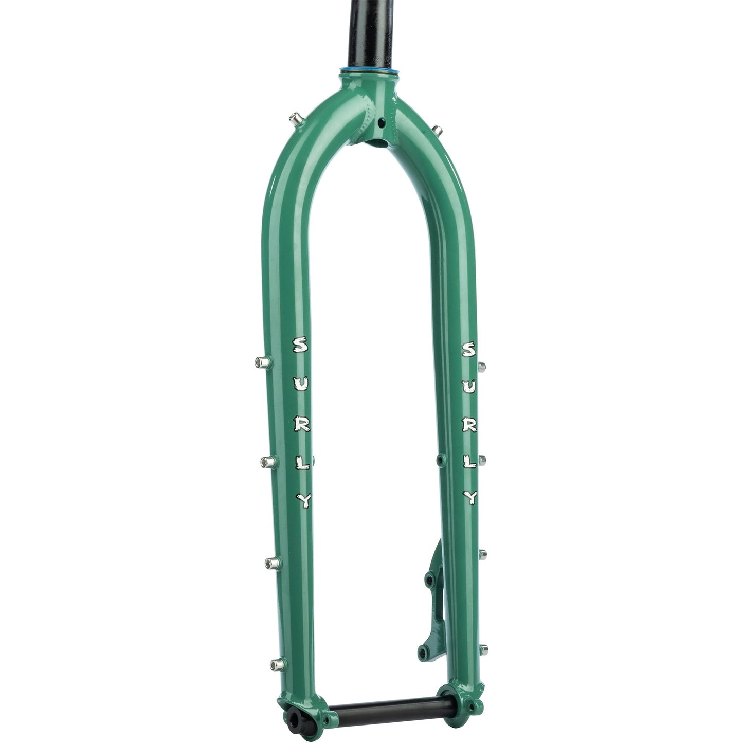 Surly Dinner Fork Illegal Smile Green front view showing thru-axle and various mounting points on white background